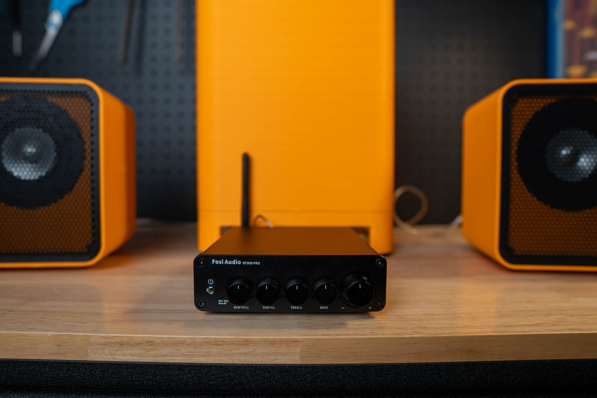 Diagram showing a 2.1 amplifier connected to left and right speakers and the Subsonic Mk3