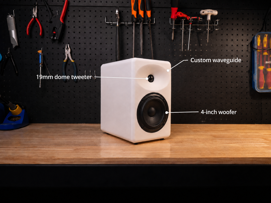 White speaker with labeled components on a wooden surface against a black pegboard background with tools.