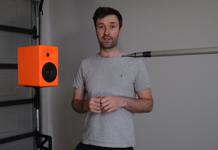 Speaker prototype being measured in a workshop