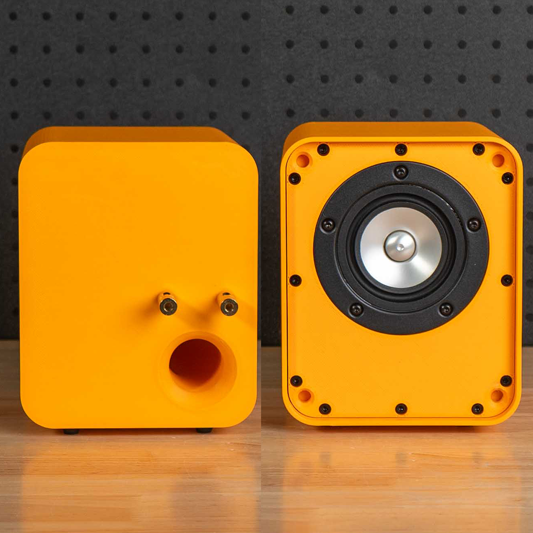 Supersonic Mk3 desktop speaker showing its printed enclosure, front baffle and Markaudio driver design annotation